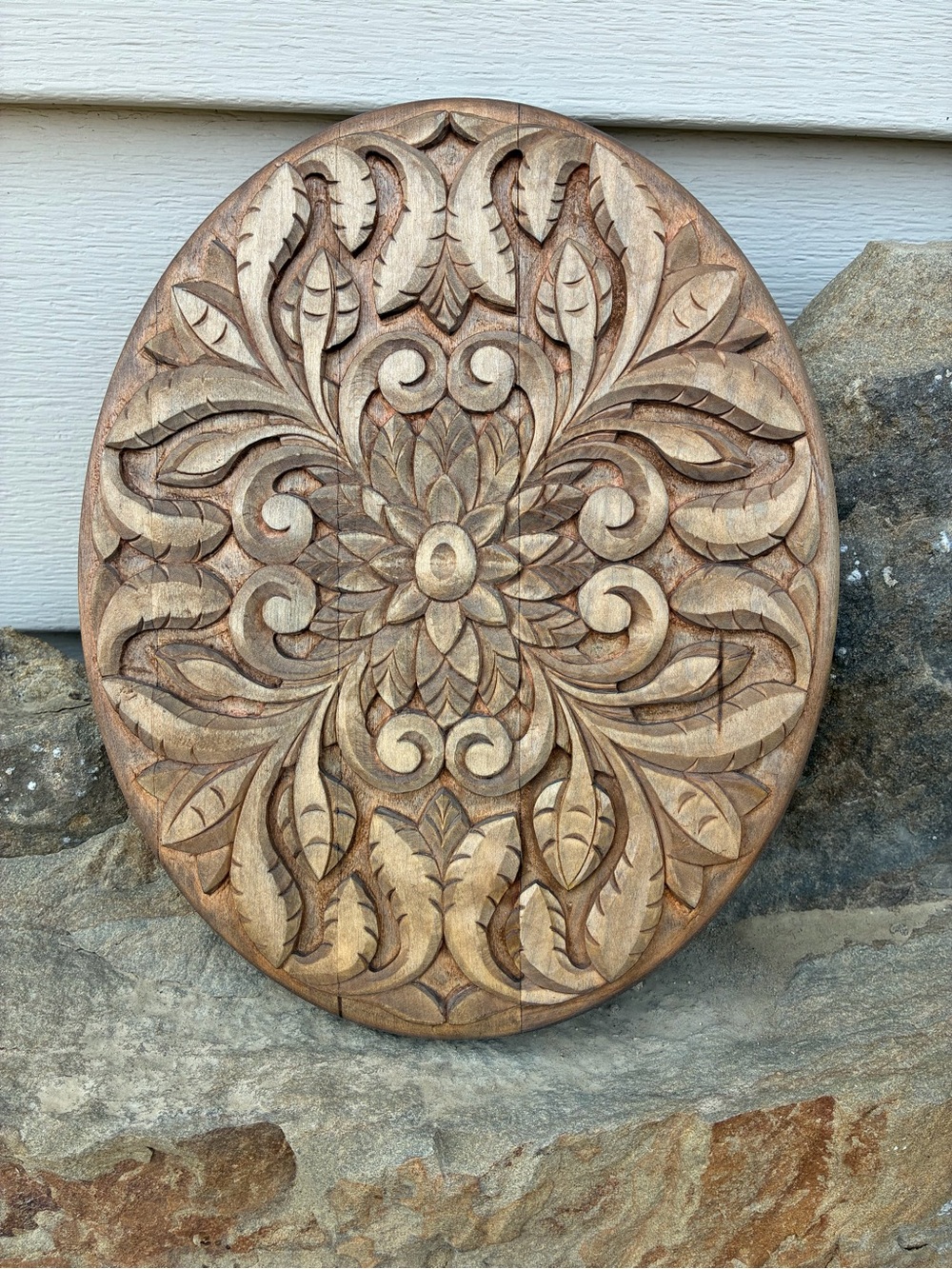 Vintage Oval Hand-Carved Wood Mandala Wall Plaque